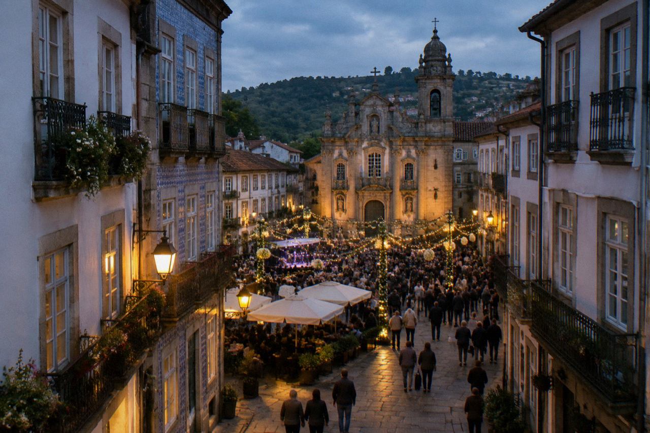 Crowds gathered in a decorated historic square in Braga during a festival evening