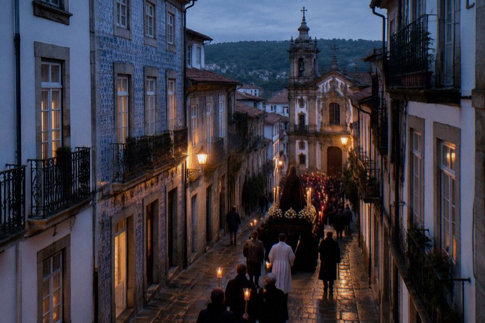 A religious procession with candles moving through a narrow street in Braga at night