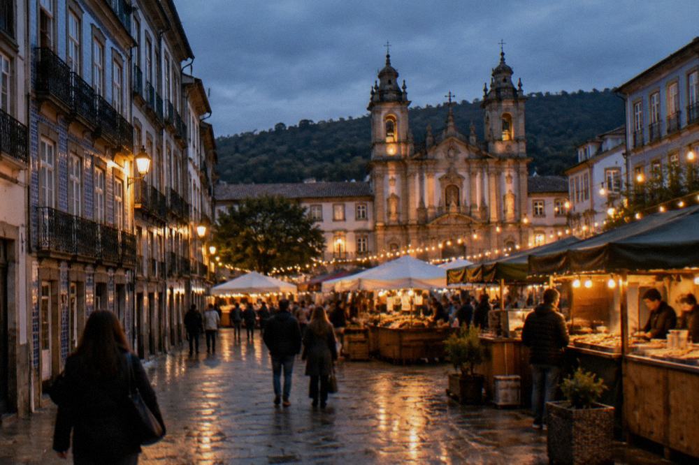 A night market with food stalls and string lights in a Braga square