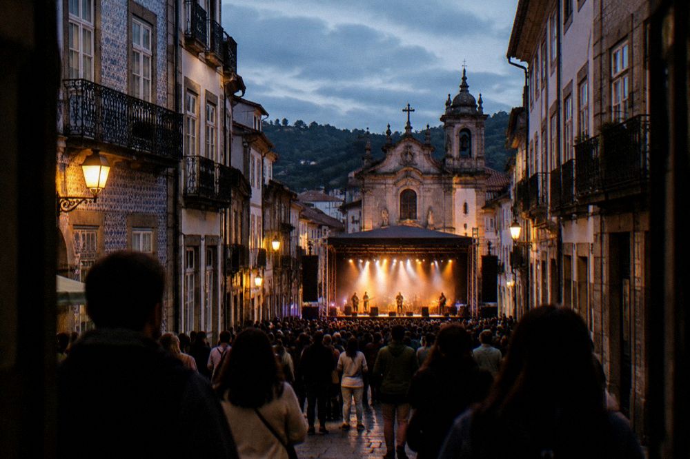 An open-air concert with a lit stage and a large evening crowd in Braga