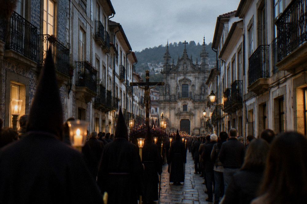 A candlelit Holy Week procession moving through a crowded street in central Braga at night