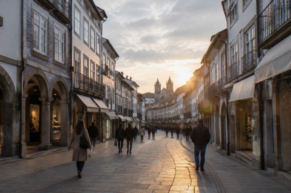 Visitors walking through the arcaded Rua do Souto pedestrian street in Braga at golden hour