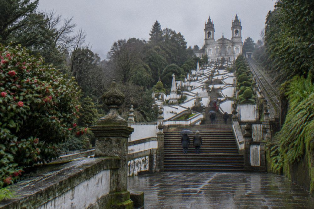 The zigzag baroque stairway of Bom Jesus do Monte winding up the wooded hill in winter light