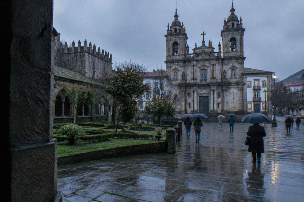 The baroque facade of the Sé de Braga seen from the square on a cold clear morning