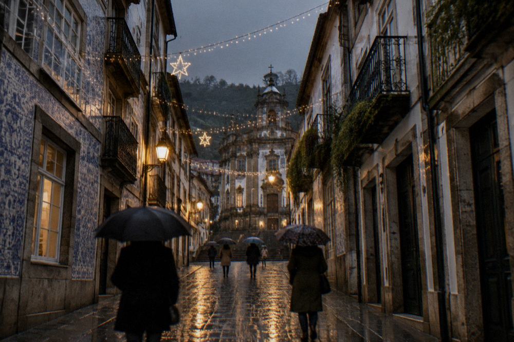 Christmas lights strung across a narrow street in Braga's historic centre at dusk