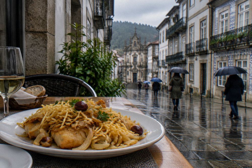 A plate of bacalhau à Braga with fried cod, potato straws and onions on a restaurant table
