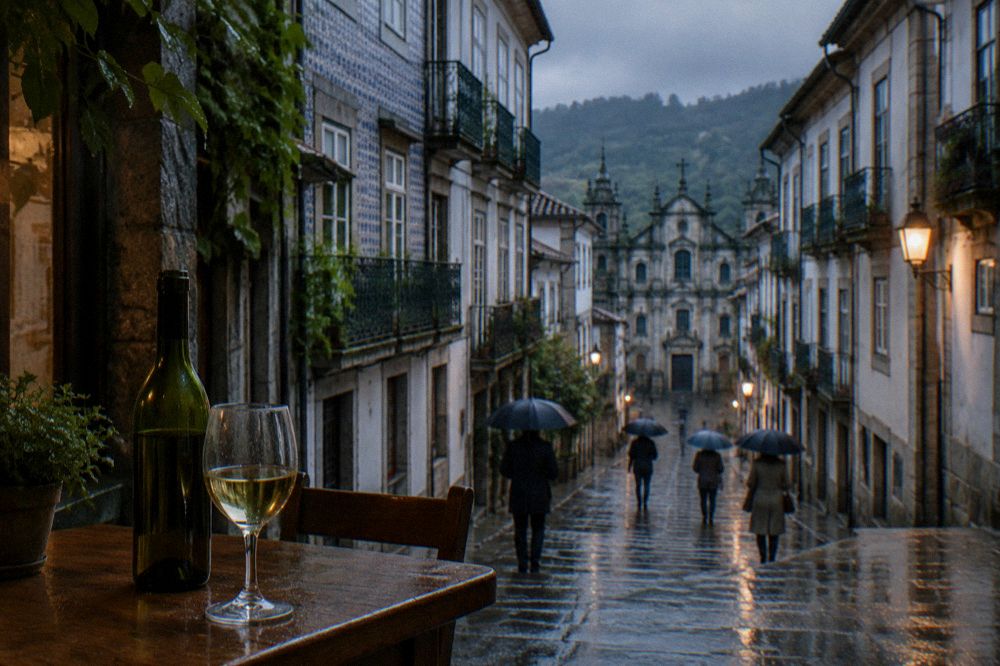 A glass of vinho verde beside a bottle on a wooden table in a Minho wine cellar
