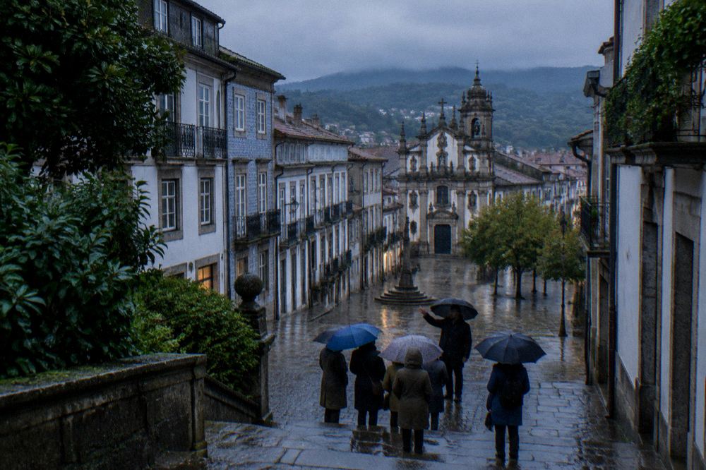 A guide with a small group of visitors under umbrellas on a cobbled square in Braga