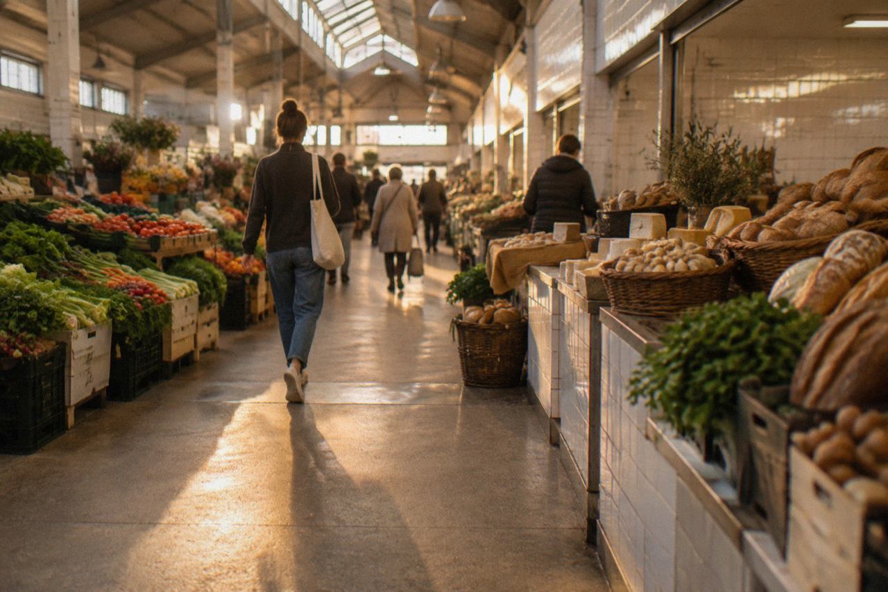 Covered market hall with fresh produce stalls and shoppers in Braga
