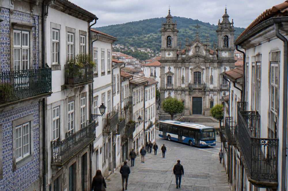 Blue-and-white city bus stopping at a street corner in Braga