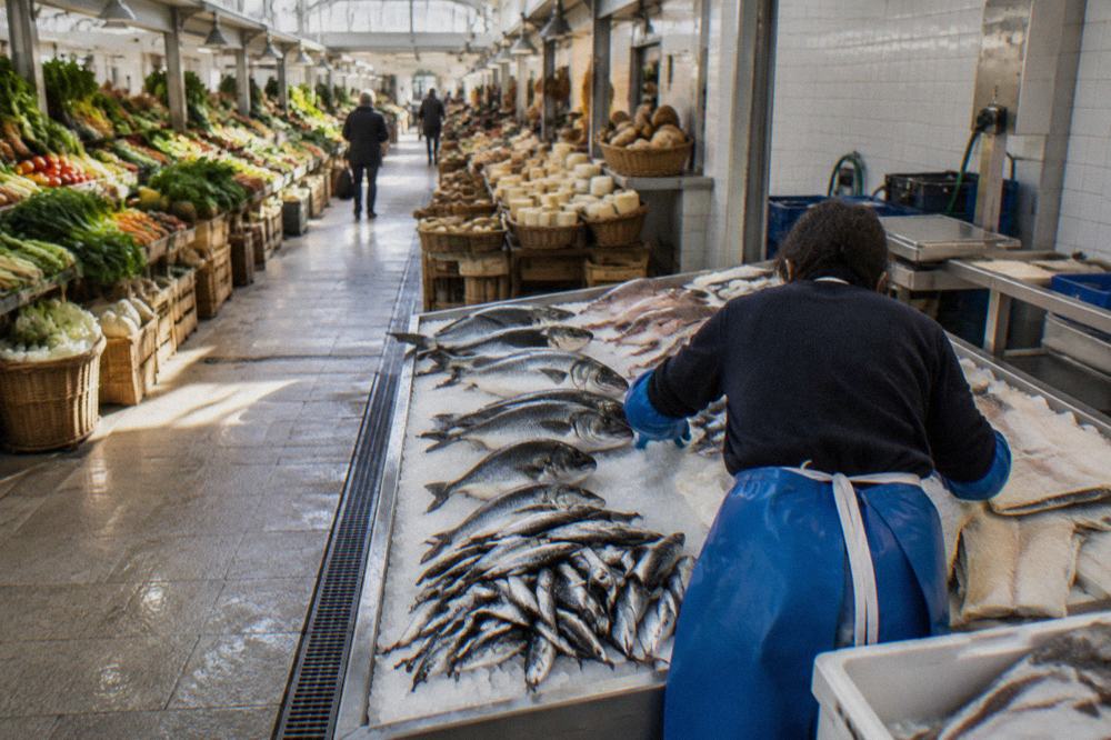 Fishmonger arranging whole fish and salt cod on a bed of ice at a market counter