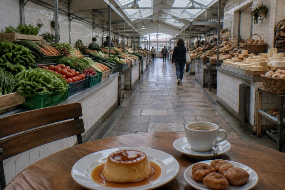 Plate of caramel pudding and small fried pastries on a café table
