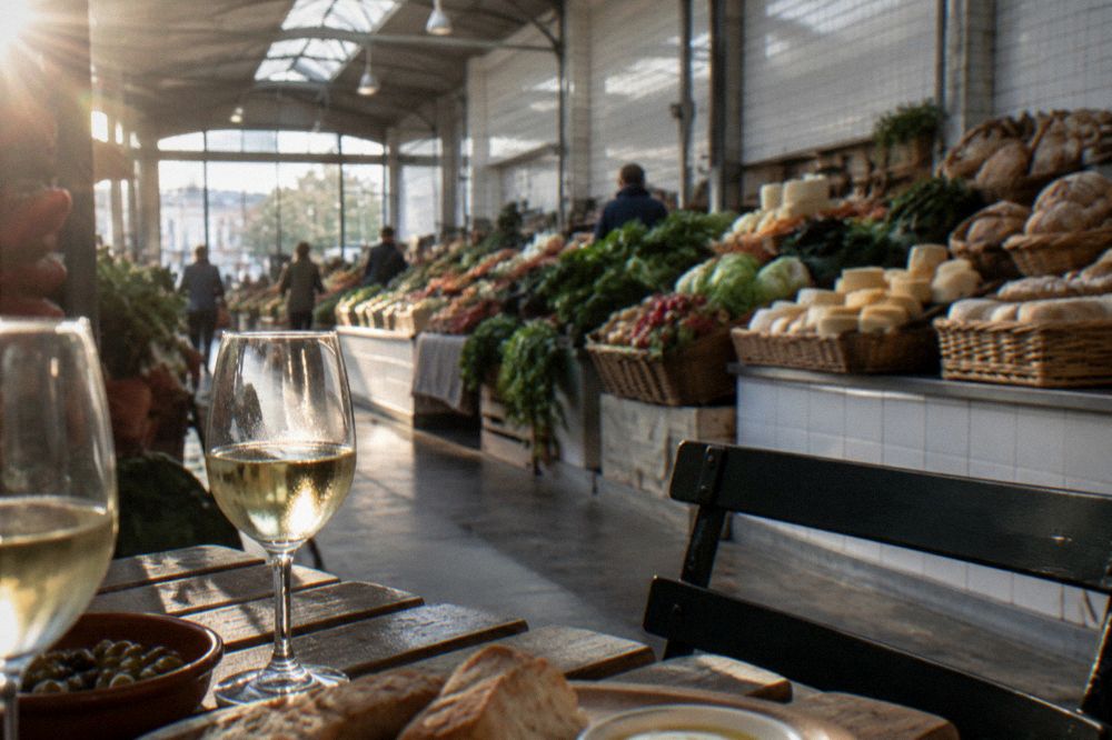 Glasses of pale white wine on an outdoor table in a Portuguese square