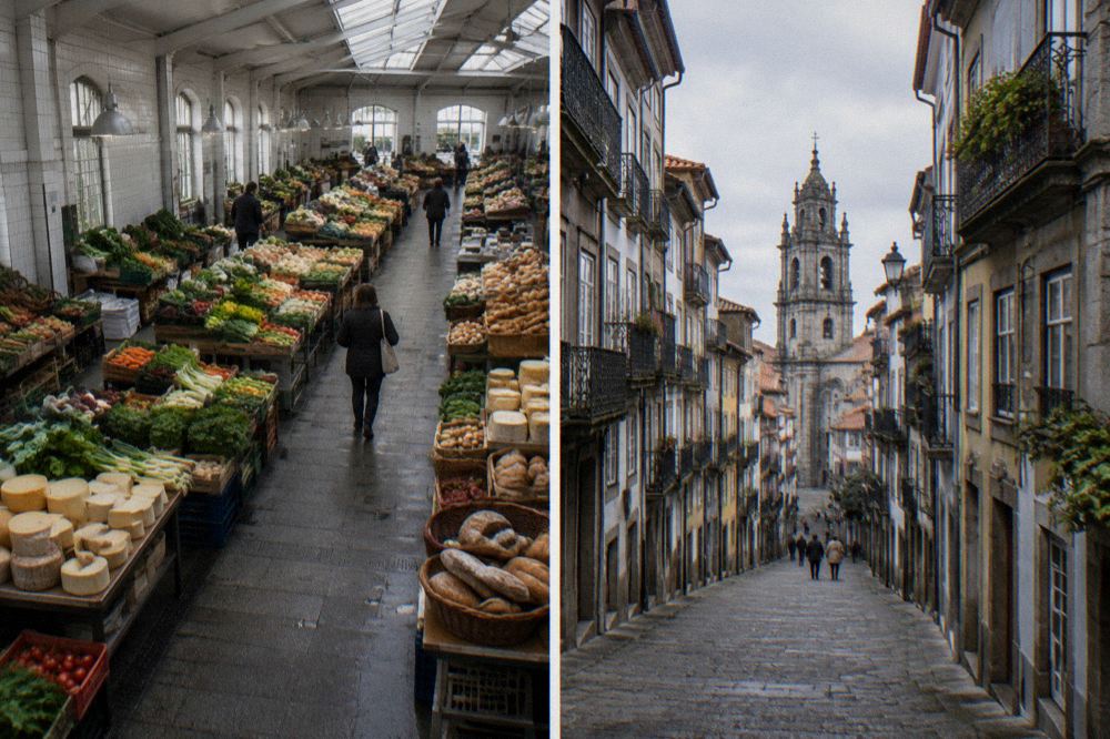 Narrow baroque street with balconied buildings leading toward a cathedral tower in Braga