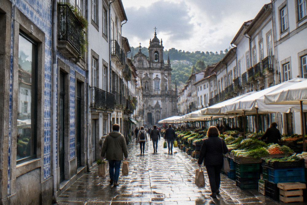 Shoppers carrying paper bags of vegetables through a sunlit market street in Braga