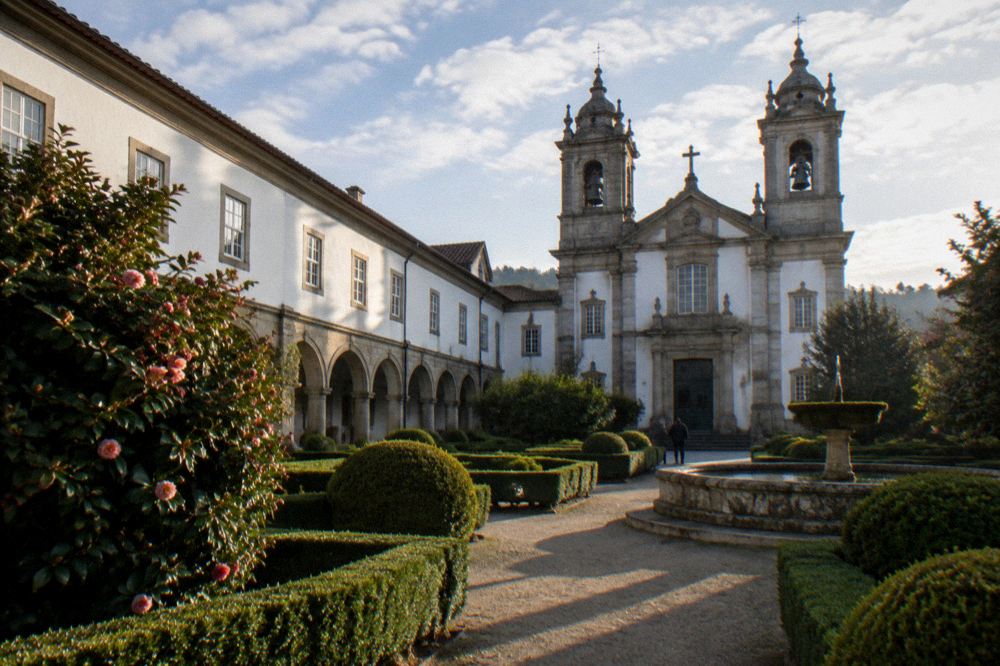 Monastery church facade with twin bell towers and granite stonework in Tibães
