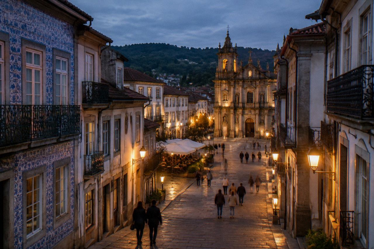Illuminated historic buildings and people strolling through a lit city square in Braga at night