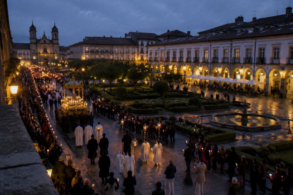 Crowd holding candles watching a night procession pass through a lit city street