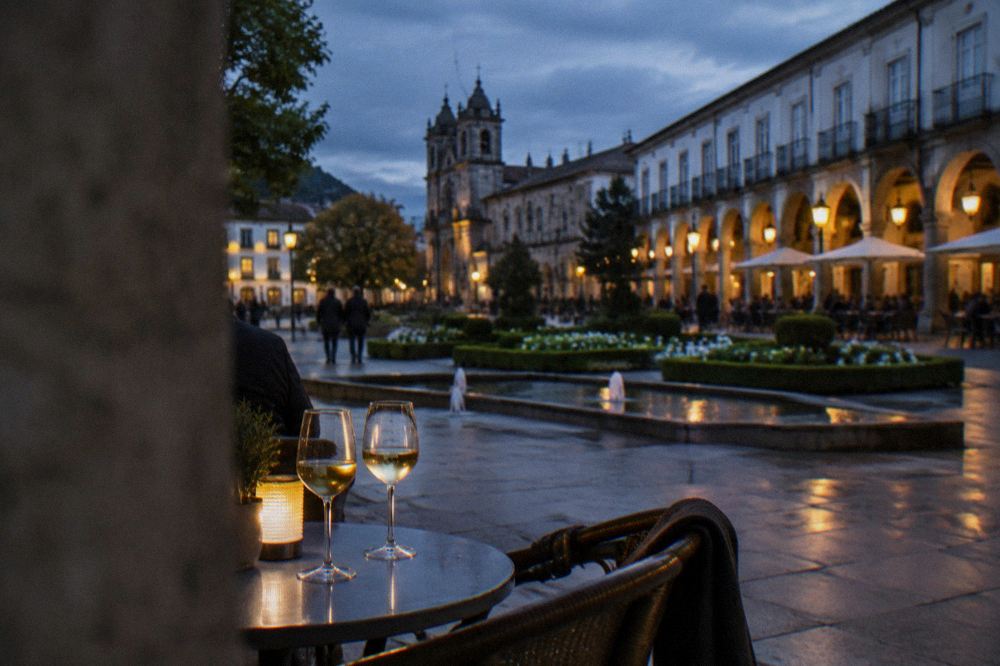 Two glasses of pale white wine on a café table beside a lit street at night
