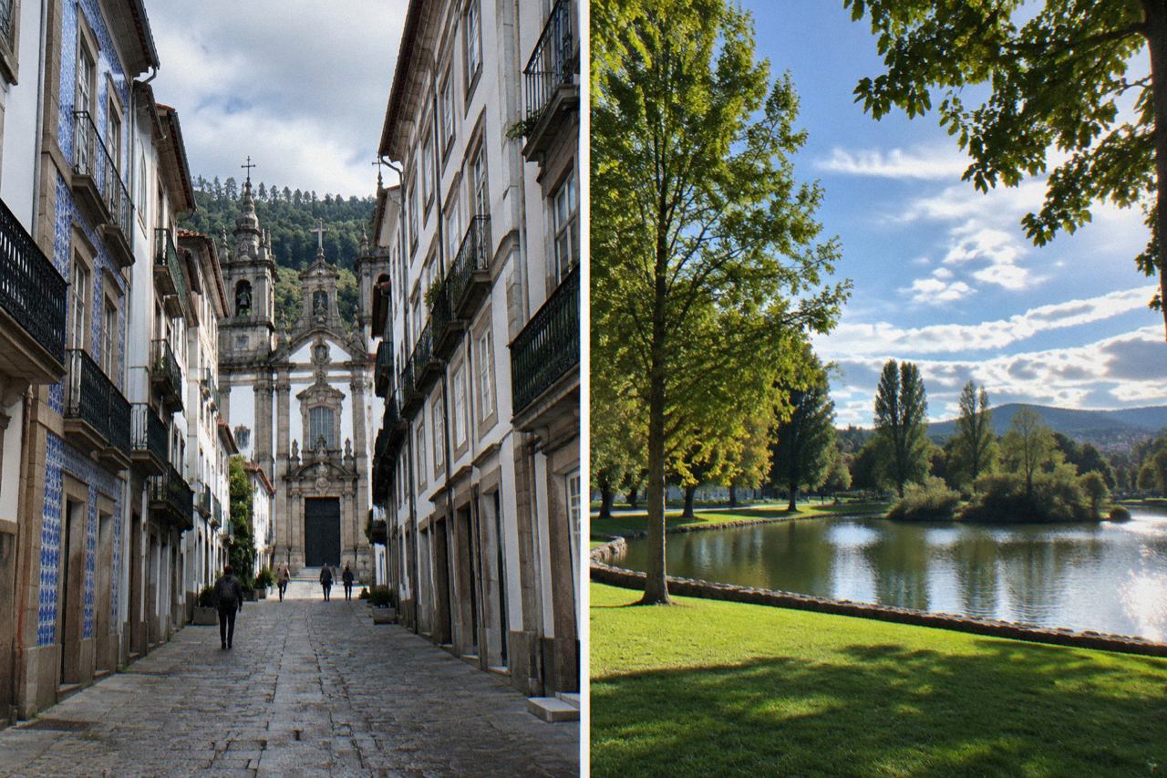 A wide urban park in Braga with a lake, lawns and tall trees under a blue sky