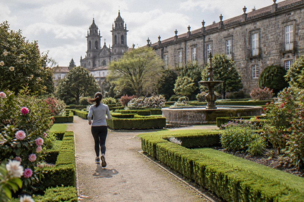 A formal baroque garden with clipped hedges, colourful flowerbeds and the towers of a cathedral behind