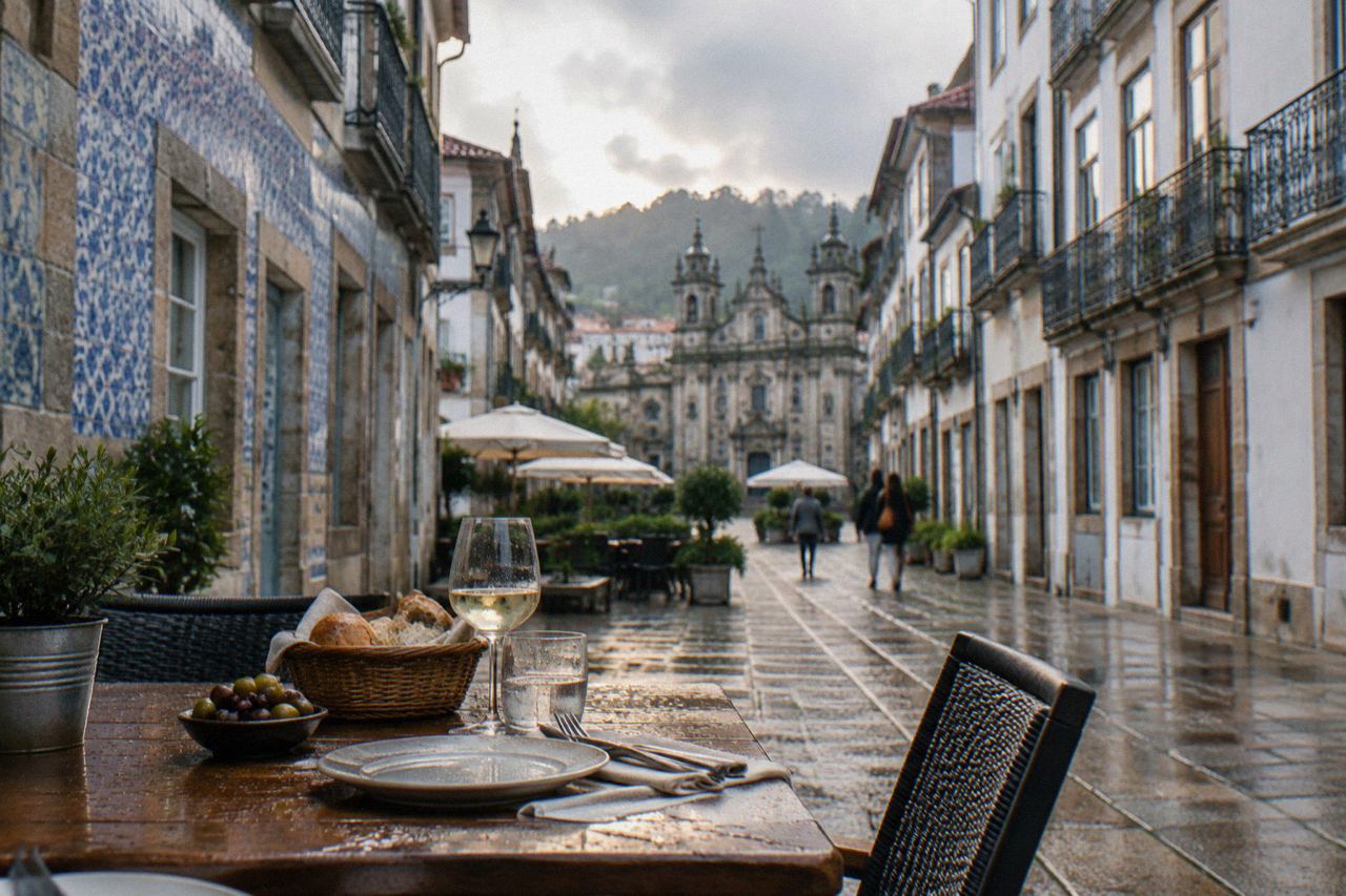 An outdoor table set for lunch on a pedestrian street in the historic centre of Braga