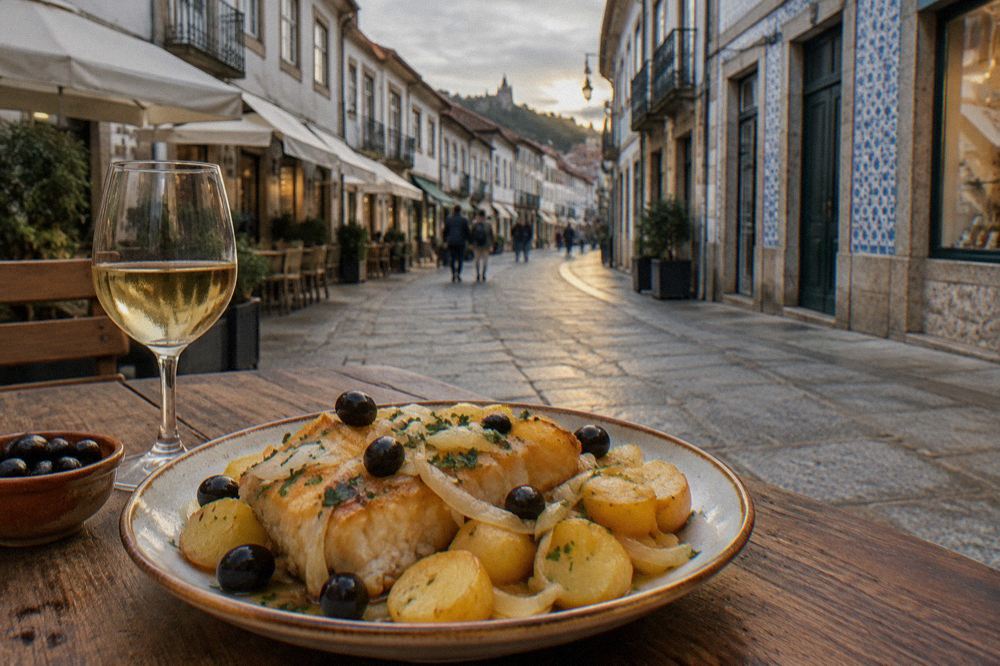 A plate of golden fried salt cod with potatoes, onions and black olives on a rustic table