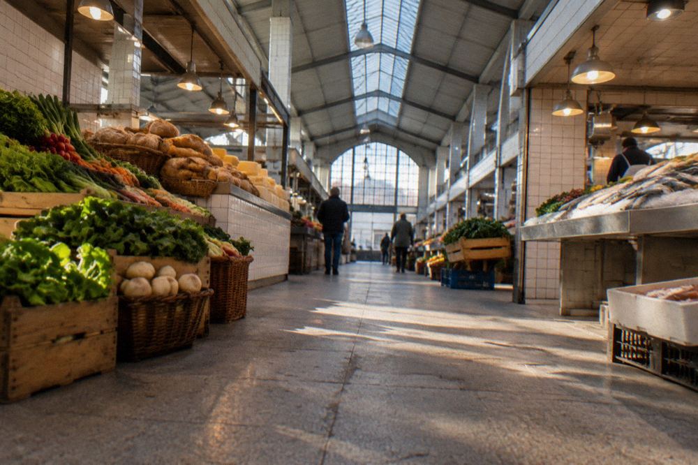 A covered market hall with stalls of vegetables, bread and fresh fish under warm lights