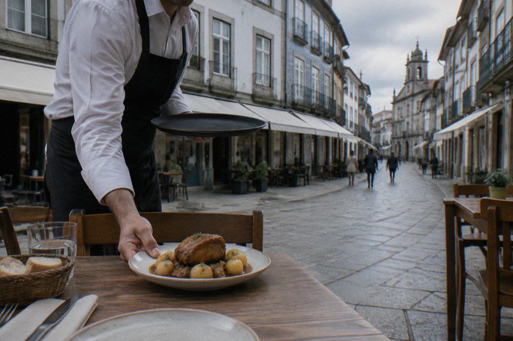 A waiter setting down a plate of braised pork with potatoes at a wooden restaurant table