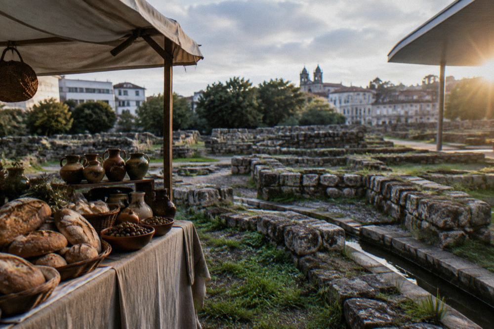 A market stall with breads, olives and ceramic jars under a canvas awning