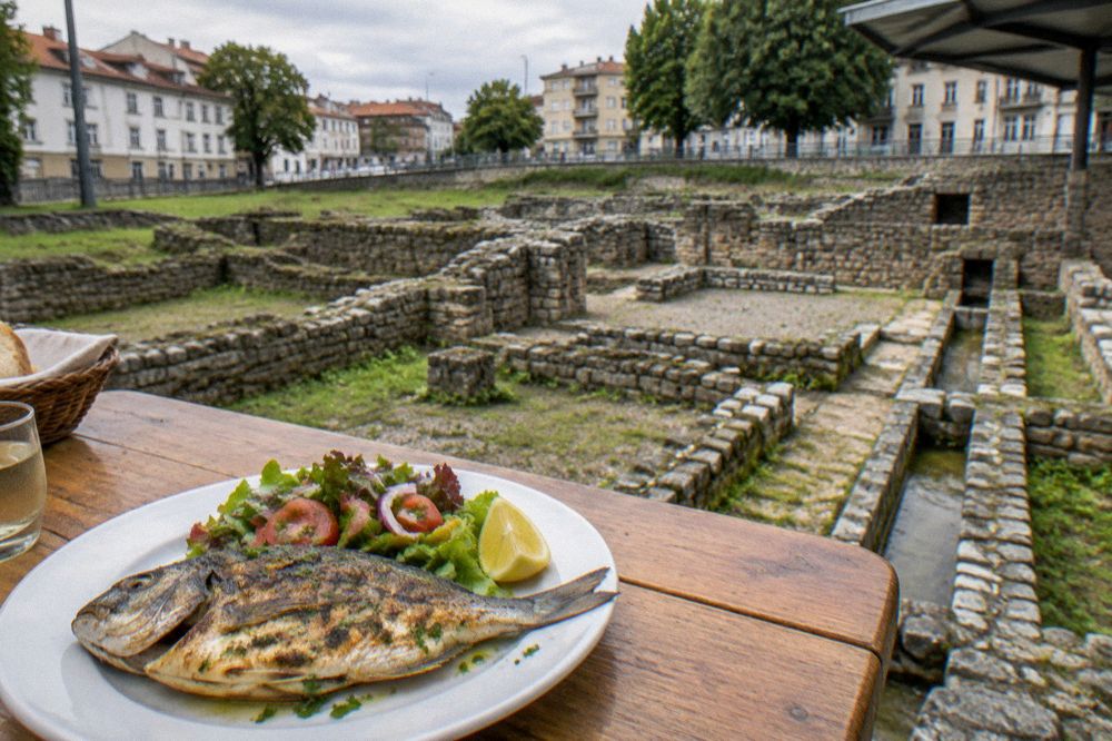 A plate of grilled fish and salad on a wooden table at an outdoor market