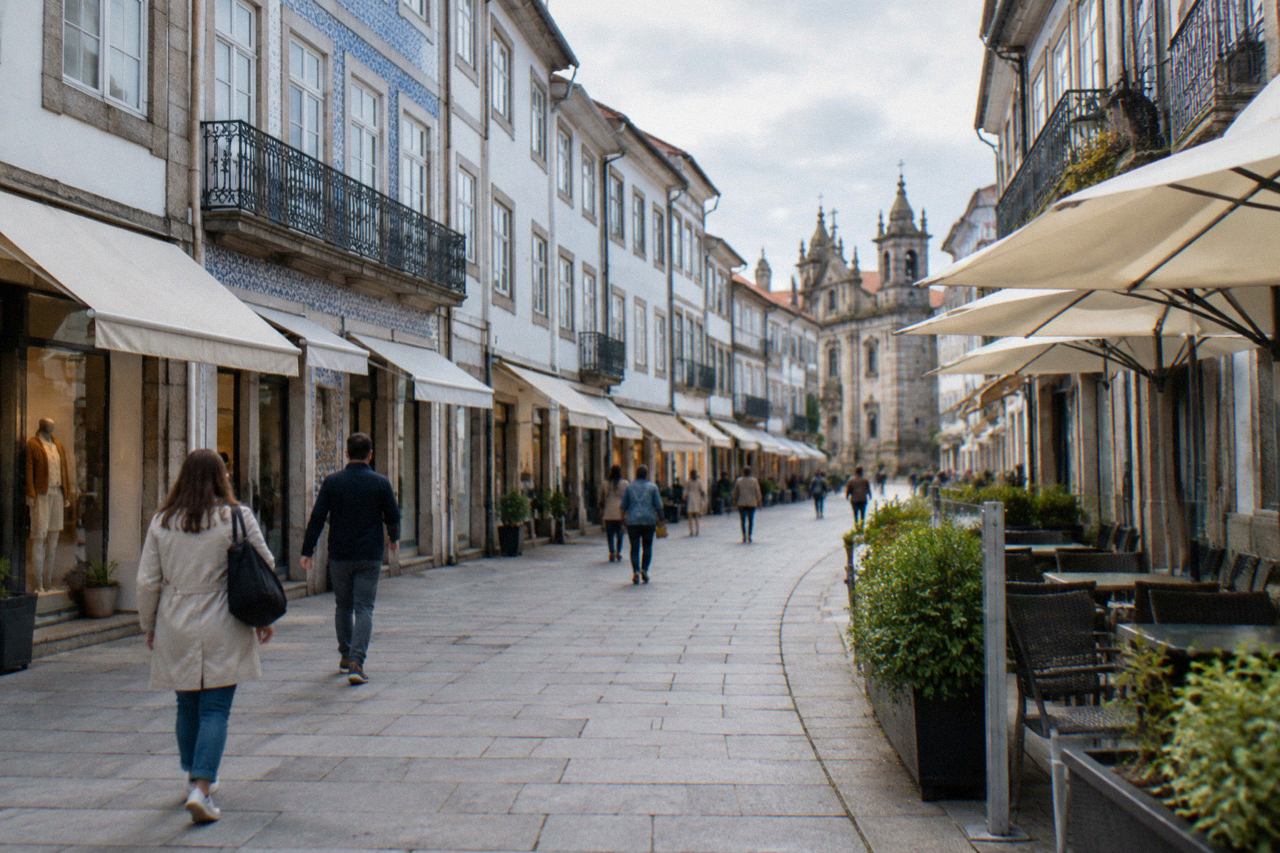 Shoppers walking along a pedestrian shopping street in Braga with café awnings and historic buildings