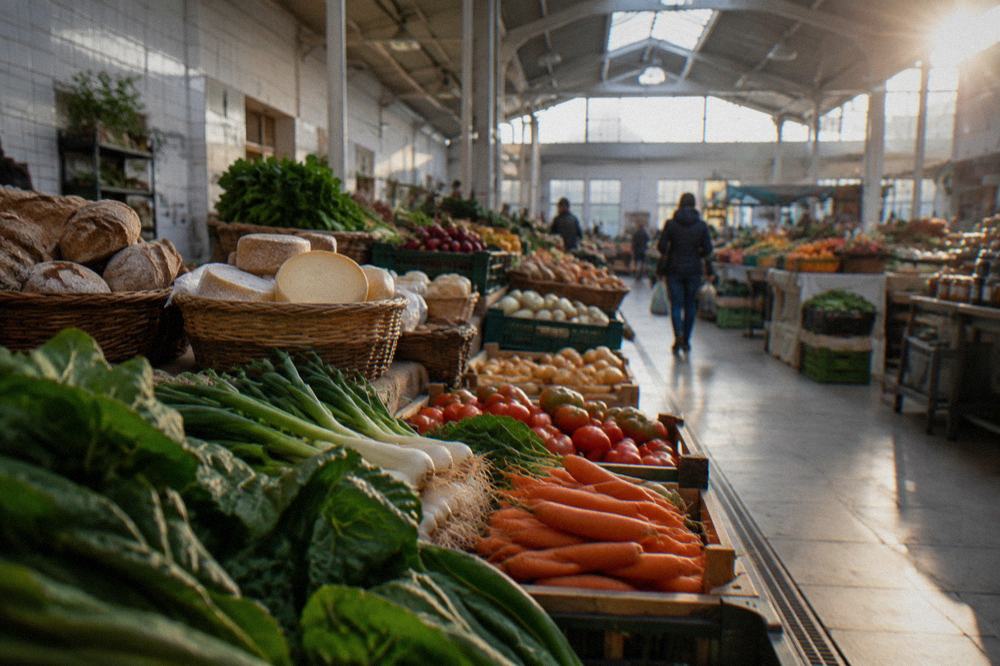 A covered market hall in Braga with stalls of fruit, vegetables and regional produce