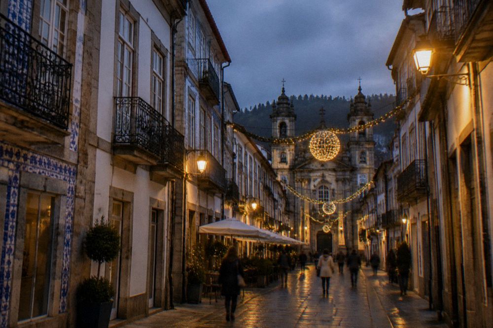 A shopping street in Braga decorated with festive lights in the evening
