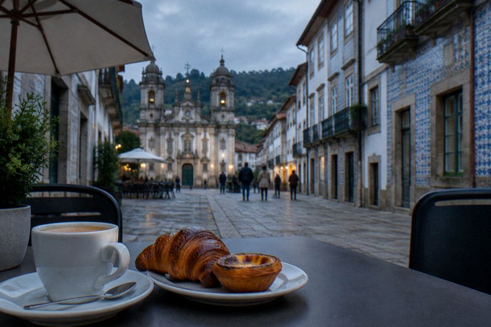 A café table with coffee and pastries on a terrace in a Braga square