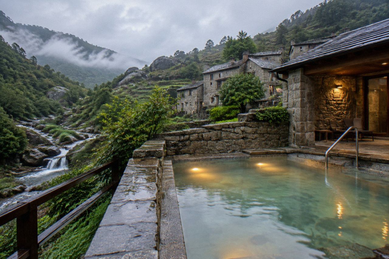 A calm spa pool with warm lighting and stone walls in a Portuguese bathhouse