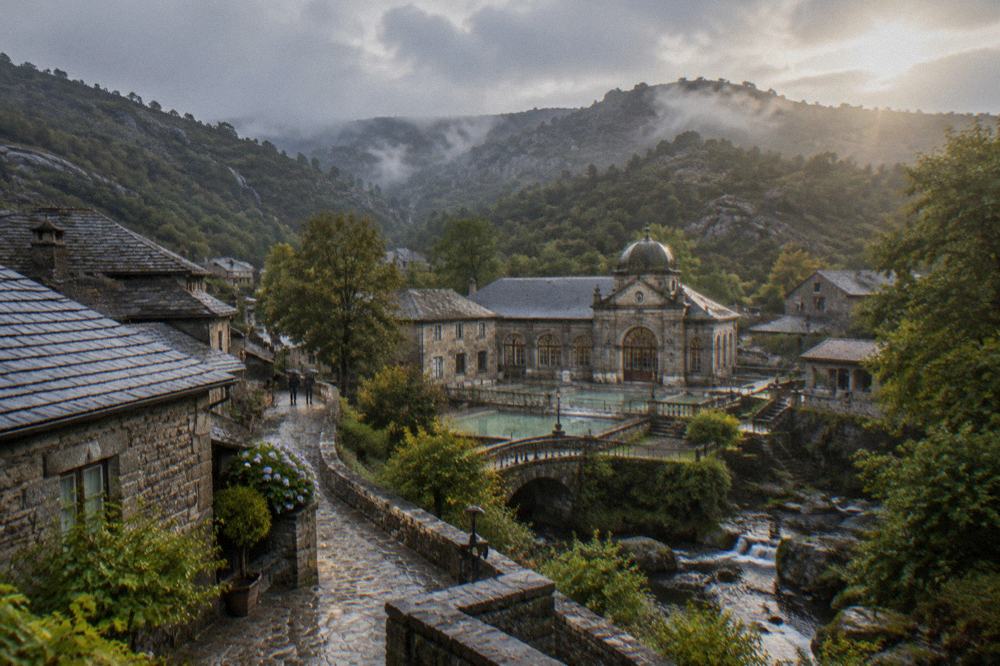 A small thermal town with ornate bathhouse architecture nestled in green mountains