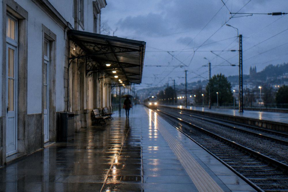 A rain-swept station platform with a train's lights reflecting on wet paving