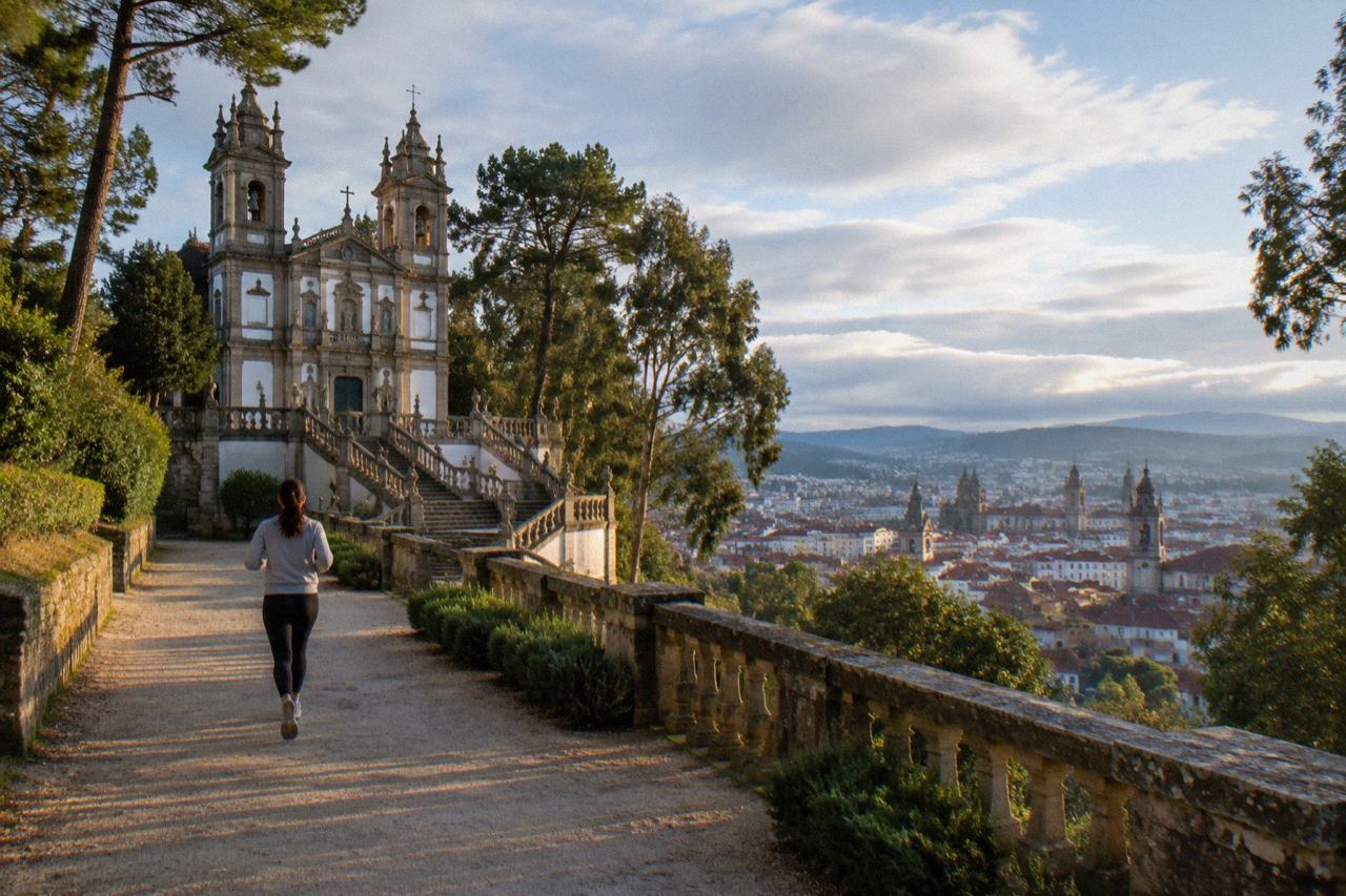 Panoramic view over Braga's rooftops and church towers from an elevated garden terrace
