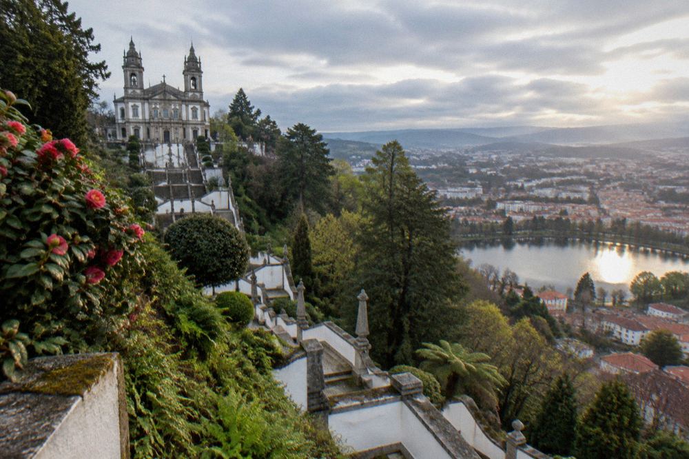 View from the Bom Jesus terrace over the lake and the rooftops of Braga in late afternoon light