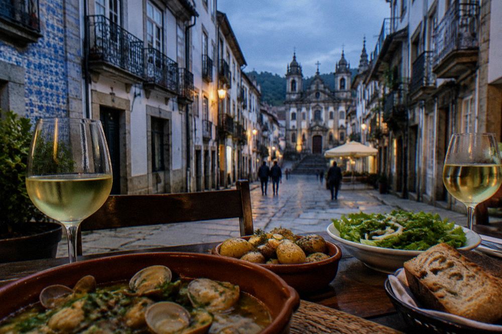 A table set with Vinho Verde and regional dishes at a Braga restaurant