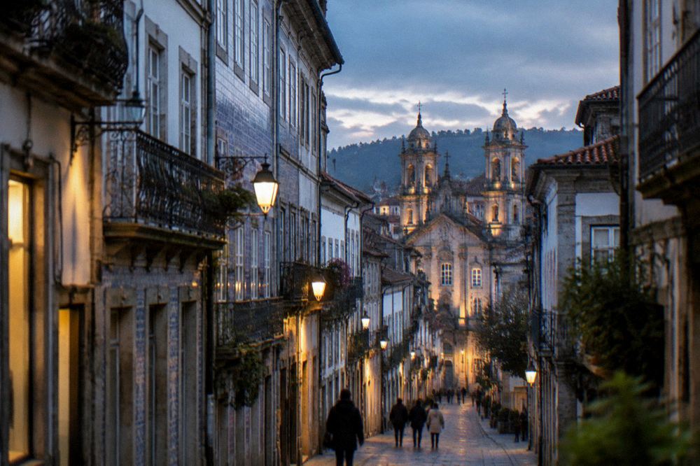 Evening light on the rooftops and church towers of Braga's historic centre