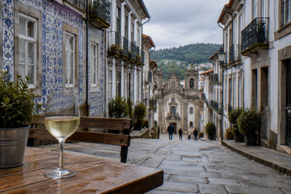 Glass of pale Vinho Verde wine on a wooden table with Minho countryside behind