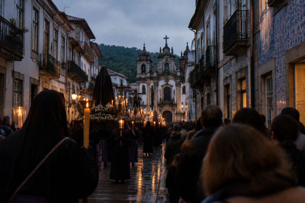 Candlelit Holy Week procession moving through a crowded Braga street at night