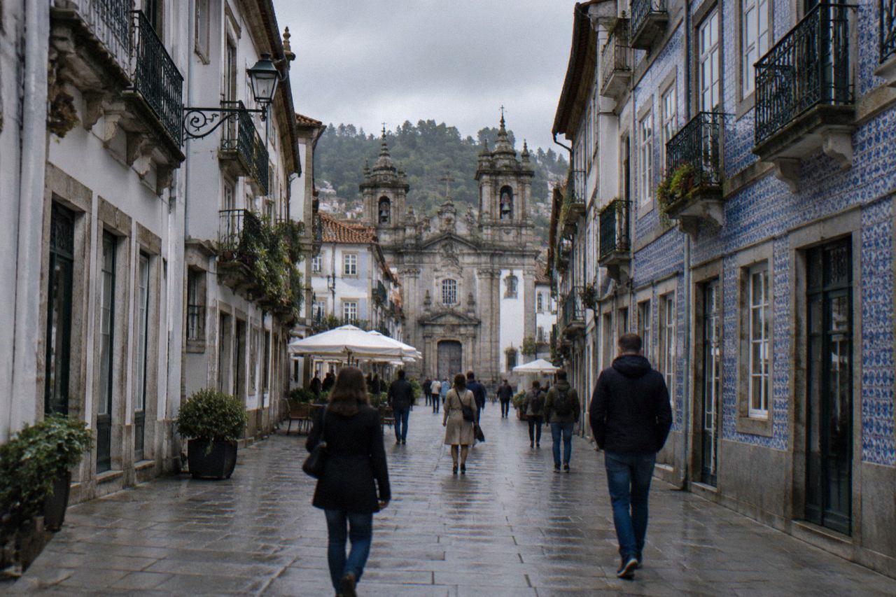 A pedestrian street in the historic centre of Braga with baroque buildings and people walking