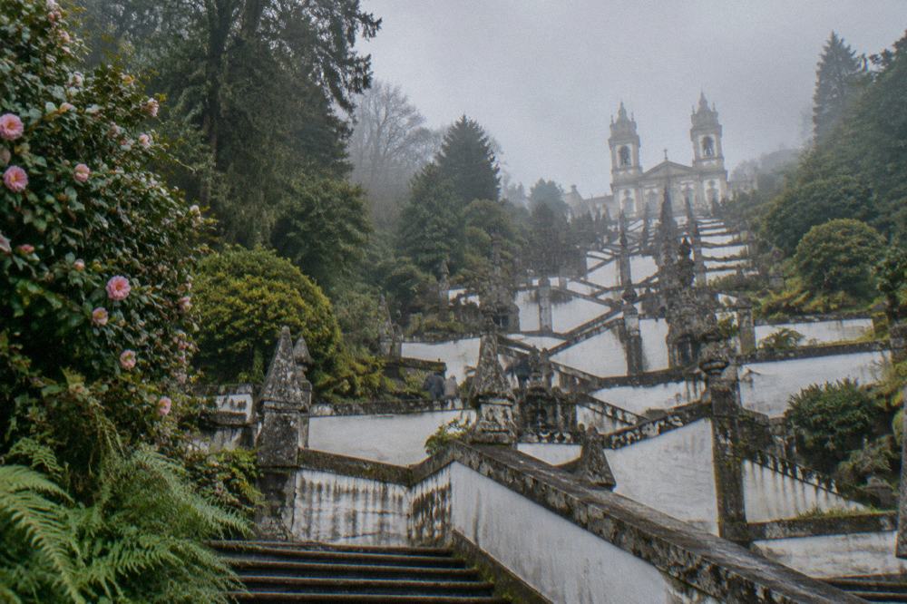 The upper section of the Bom Jesus stairway with its statues and fountains seen from below