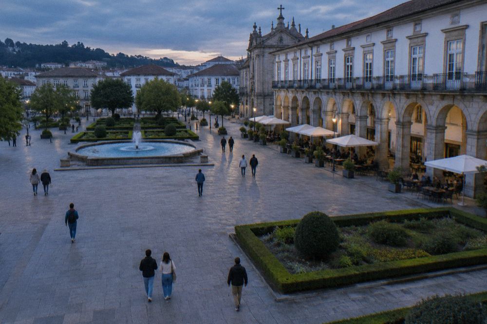Visitors walking through Praça da República in Braga on a warm afternoon