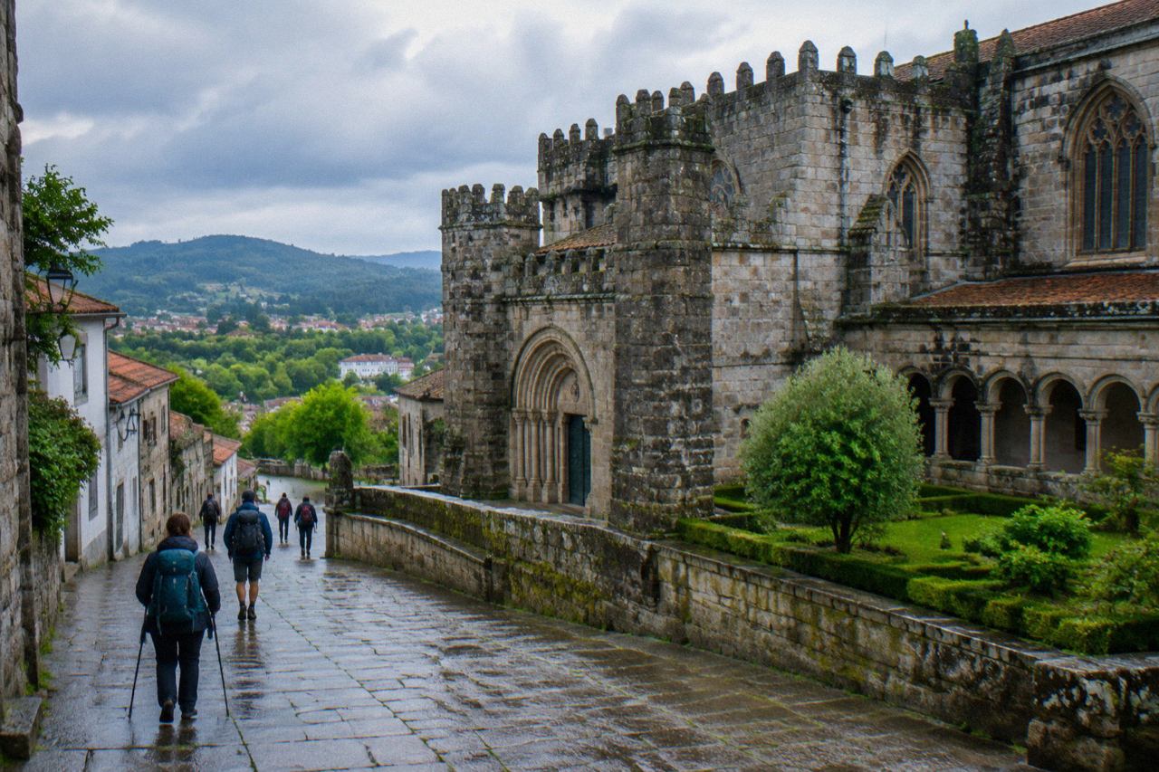Pilgrims with backpacks walking out of a historic Portuguese city street toward green hills