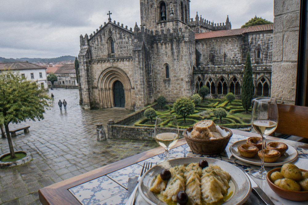 A table with Portuguese salt cod, pastries and glasses of white wine in a tiled restaurant
