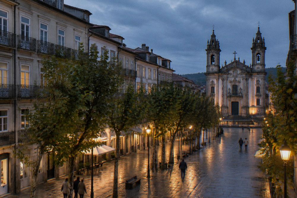 A baroque church facade seen from a cobbled street in evening light